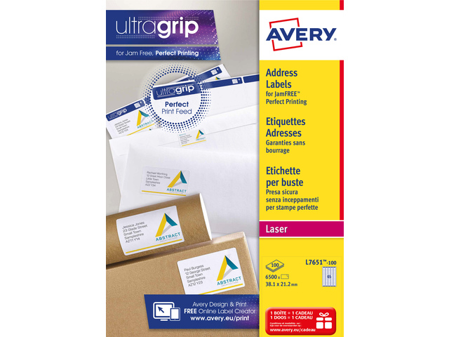Laseretiket Avery 38,1x21,2mm wit doos 100 vel 65 et. per ve