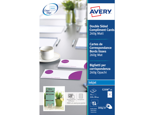 Correspondentiekaart Avery 210x99mm wit 260gr 25 vel