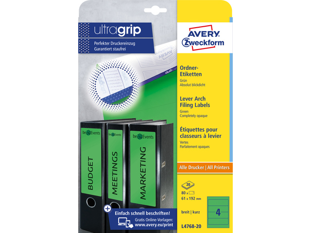 Ordnerruget. Avery 192x61mm doos 20 vel 4 et. per vel groe