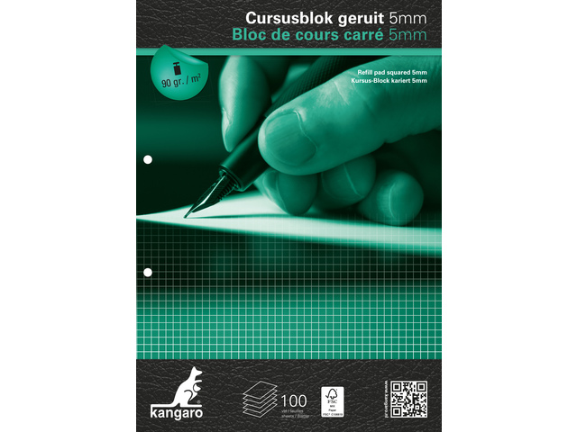 Cursusblok Kangaro A4 ruit 5mm, 90grs 100 vel