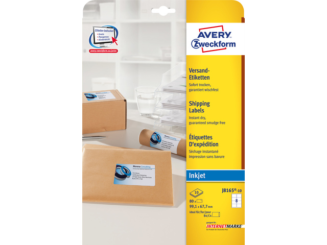 Inkjetetiket Avery 99,1x67,7mm wit doos 10 vel 8 et. per vel