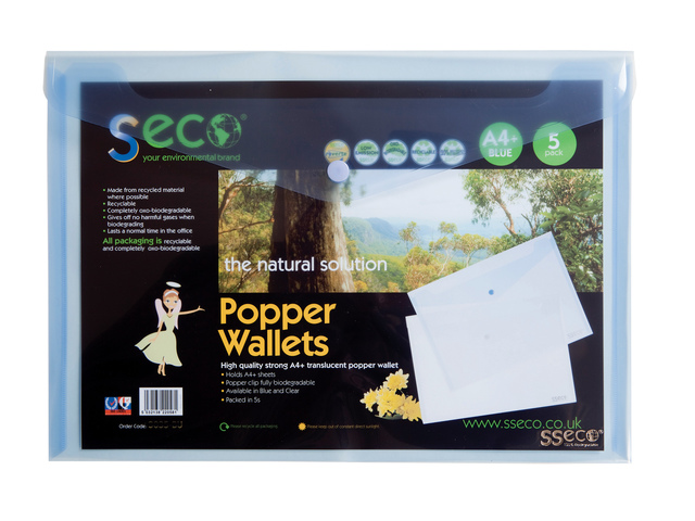 Envelopmap Seco A4+ 5st blauw met drukknop 180 micron