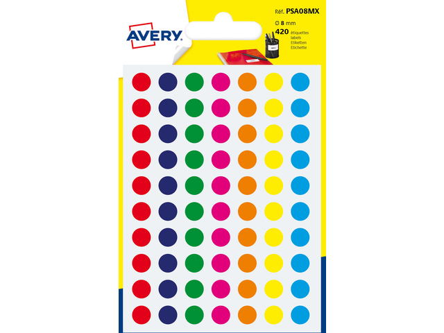 Etiket Avery 8mm rond blister 420st assorti