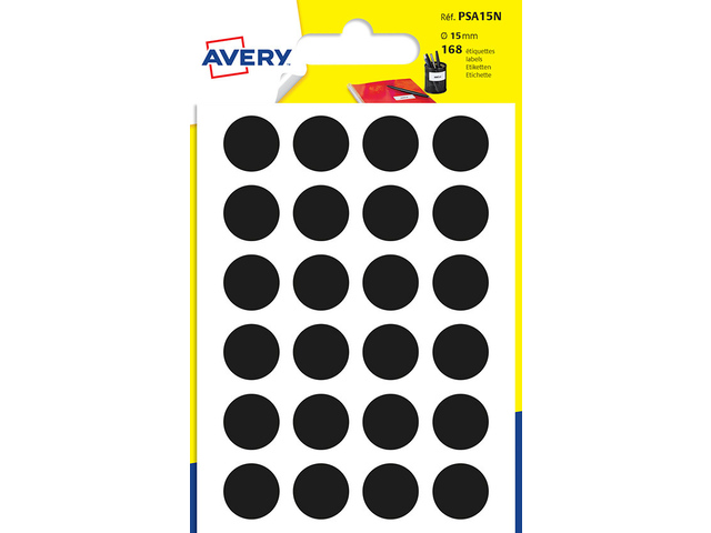 Etiket Avery 15mm rond blister 168 st zwart