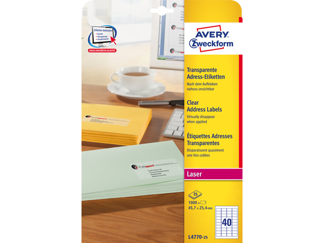 Laseretiket Avery 45,7x25,4 transp. doos 25 vel 40 et. per