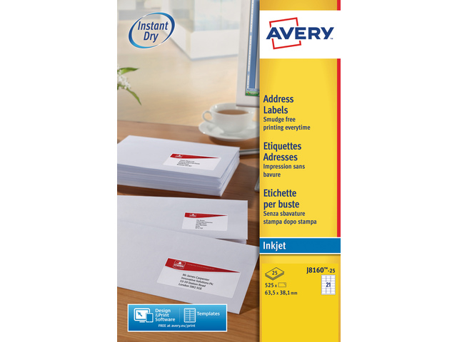 Inkjetetiket Avery 63,5x38,1 wit doos 25 vel 21 et. per vel