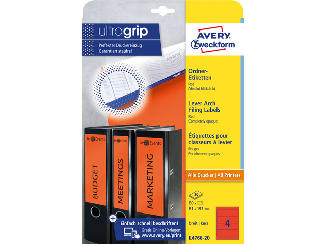 Ordnerruget. Avery 192x61mm doos 20 vel 4 et. per vel rood