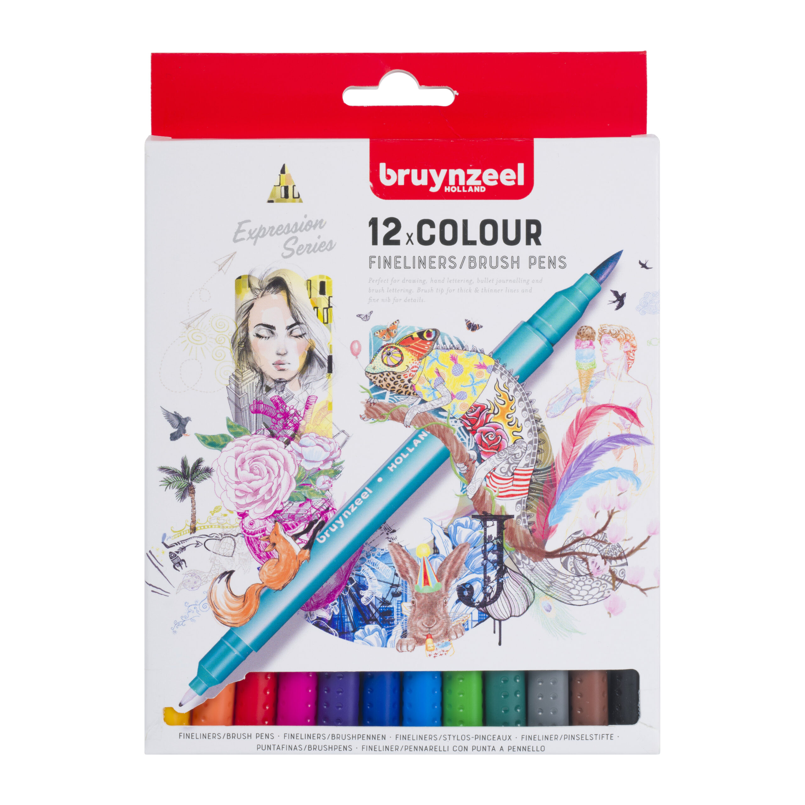 Bruynzeel Creatives Fineliner / Brushpen set 12 kleuren