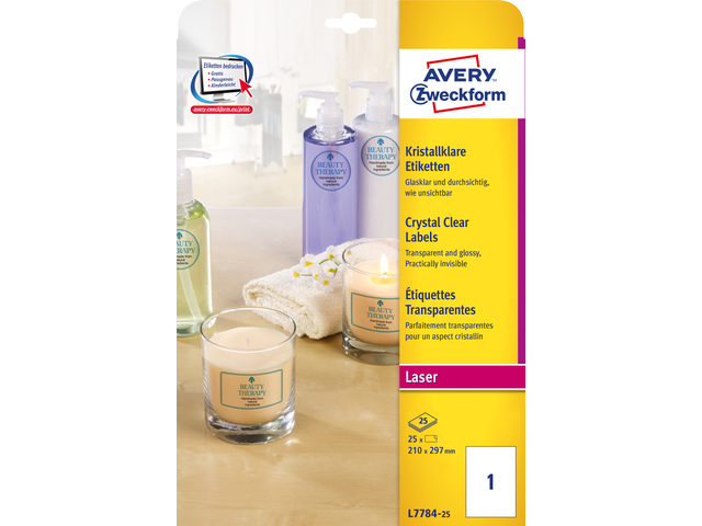 Laseretiket Avery 210x297mm transp.glossy doos 25 vel