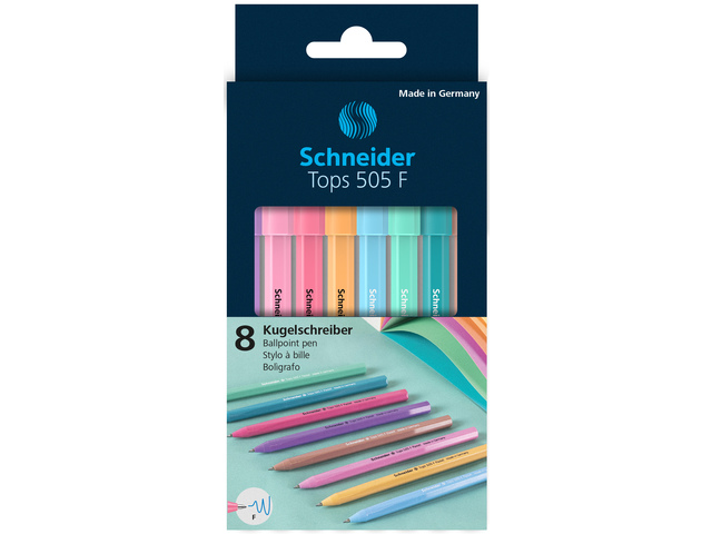 Balpen Schneider Tops 505 F set 8st. pastel blauwschr.