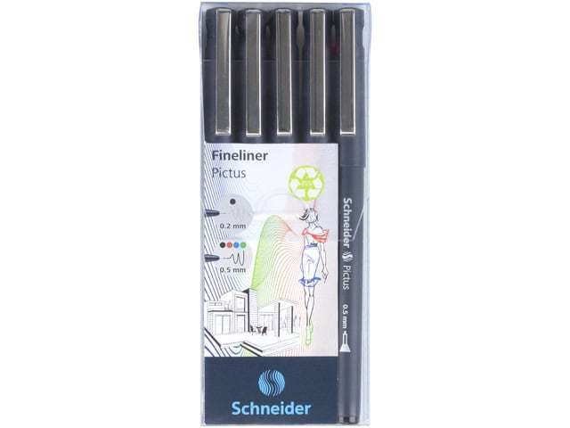 Fineliner Schneider Pictus Etui 5st.(zwart 0.5 en 0.2mm,