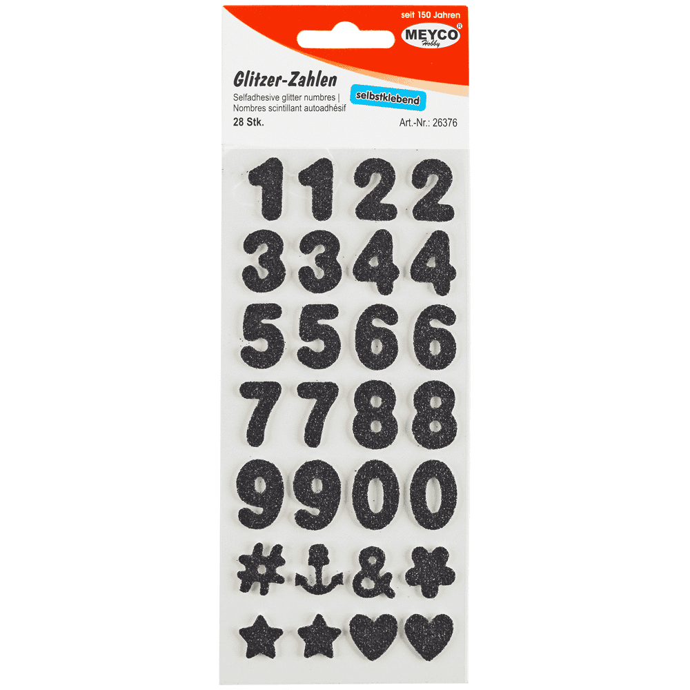 Nummerstickers glitterzwart 2mm dik; 2cm hoog