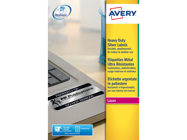 Laseretiket Avery 96x50,8mm zilver doos 20 vel 10 et. per