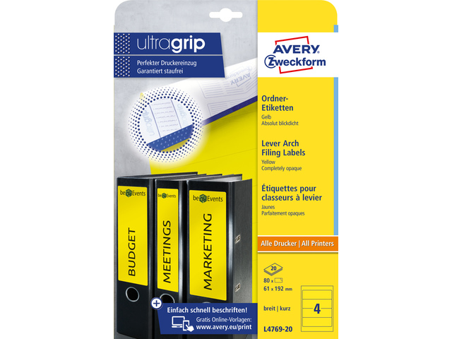 Ordnerruget. Avery 192x61mm doos 20 vel 4 et. per vel geel