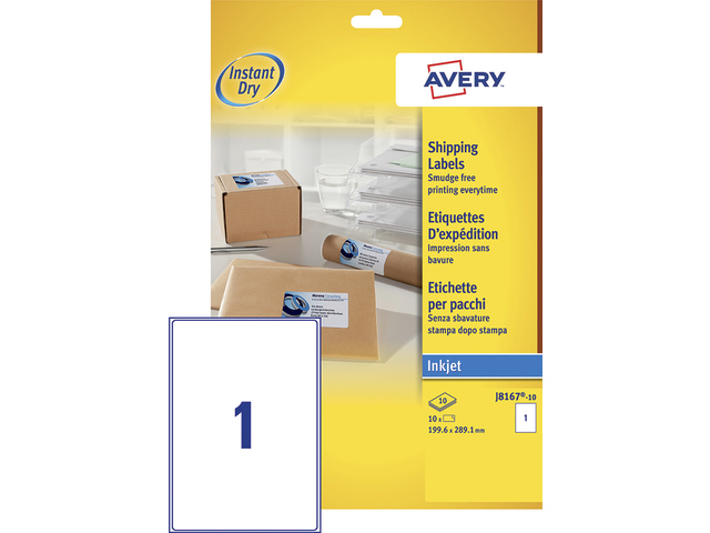Inkjetetiket Avery 199,6x289,1 wit doos 10 vel 1 etiket per v