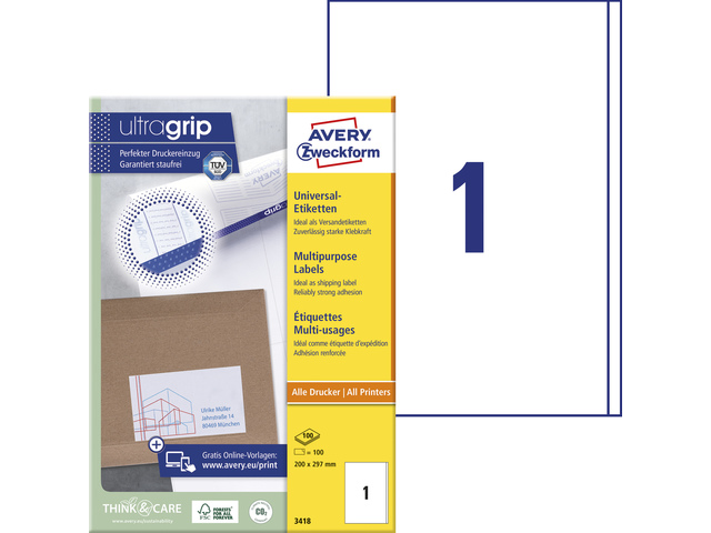 Etiket Avery ILK 210x297mm wit doos 100 vel 1 et. per vel