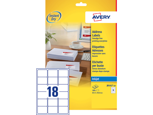 Inkjetetiket Avery 63,5x46,6mm wit doos 10 vel 18 et. per vel