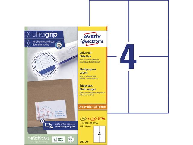 Etiket Avery ILK 105x148mm wit doos 200 vel 4 etiketten per v