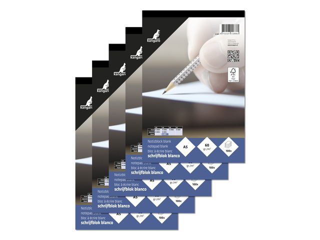 Schrijfblok Kangaro A5 blanco 60 grams 100 vel krimp a 5 stu