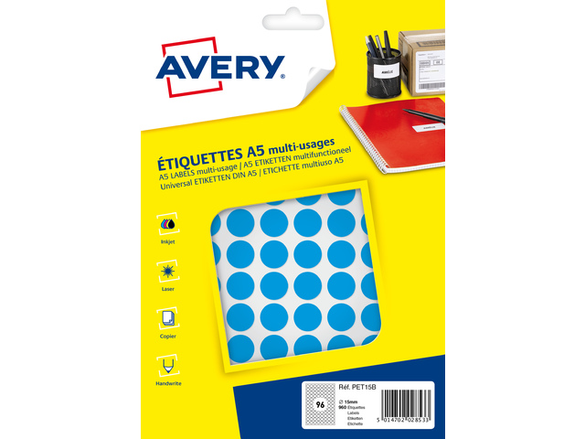 Etiket Avery A5 15mm rond blister 960st blauw
