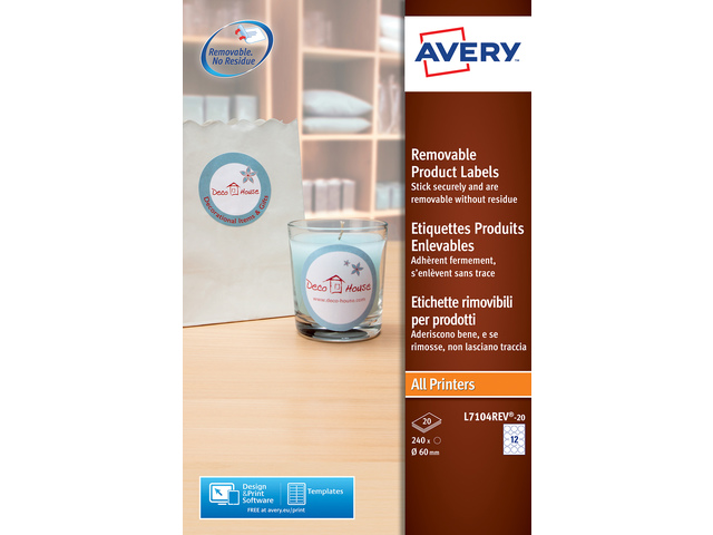 Produktetiket Avery rond 60 wit NP doos 20 vel 12 et. per