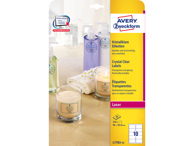 Laseretiket Avery 96x50,8mm transp.glossy doos 25 vel