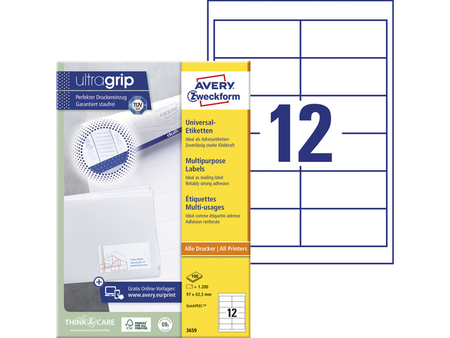Etiket Avery ILK 97x42,3mm wit doos 100 vel 12 et. per vel