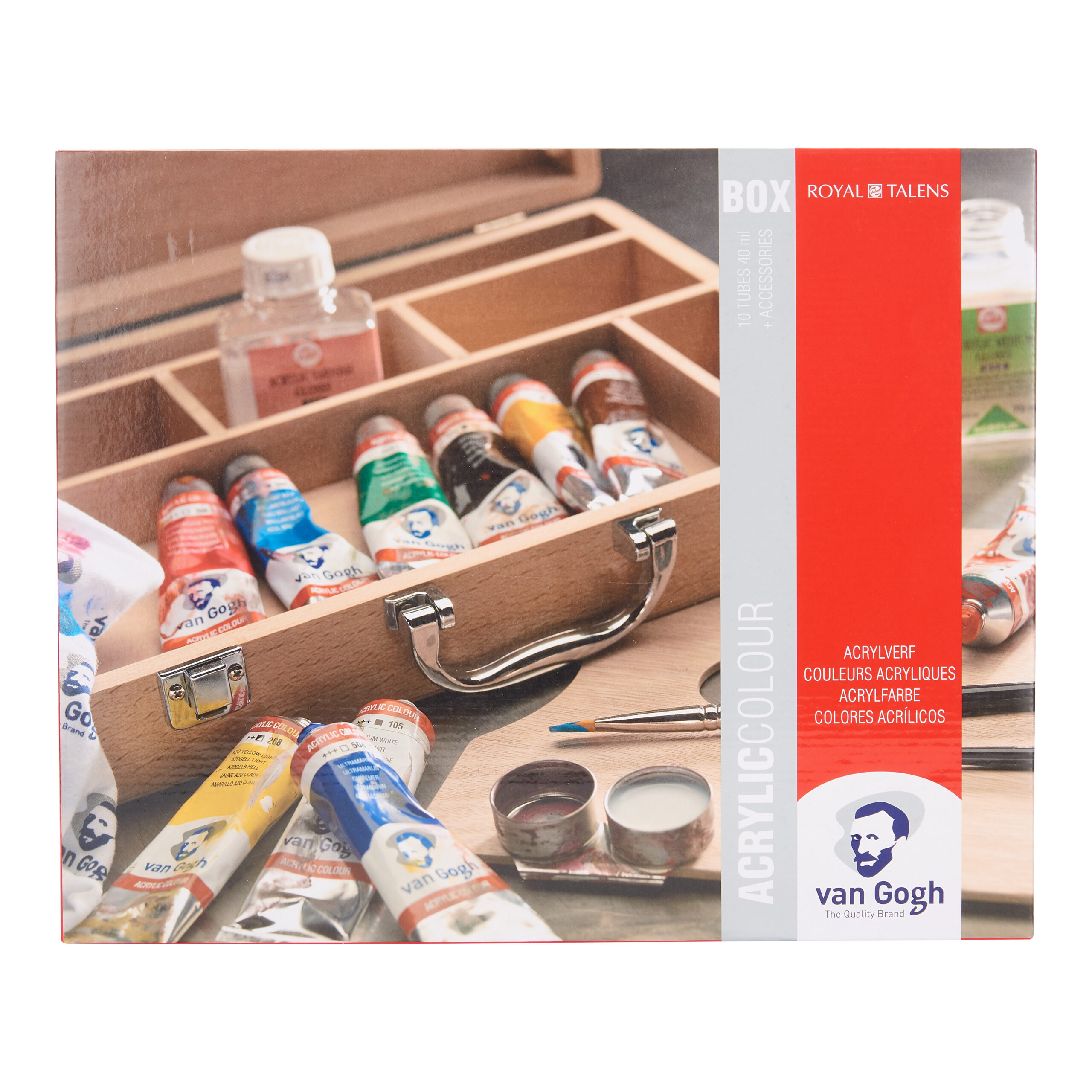 Van Gogh Acrylverf in kist Basic met 10 kleuren in tubes van 40 ml + accessoires