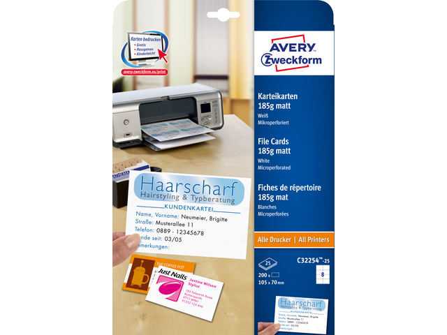 Systeemkaart Avery 105x70mm 185grs wit mat, doos 25 vel