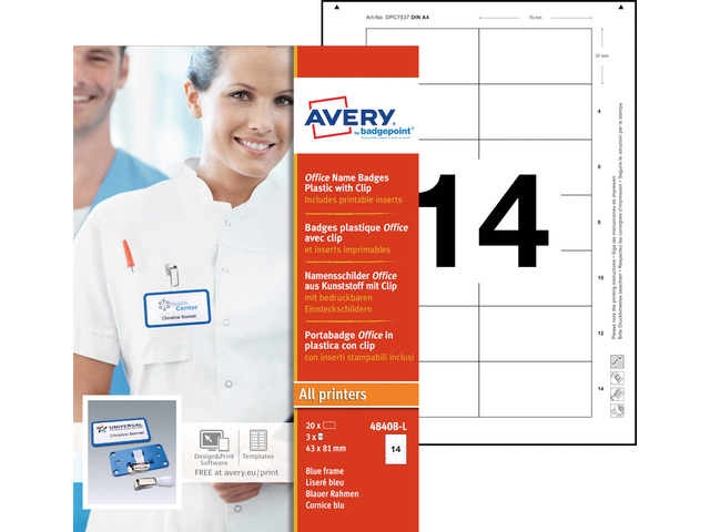 Naambadge Avery Office 43x81 20 x blauw met clip