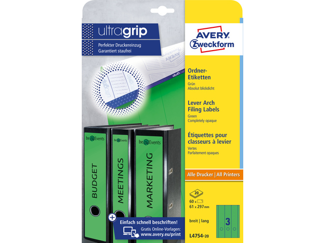 Ordnerruget. Avery 297x61mm doos 20 vel 3 et. per vel groe