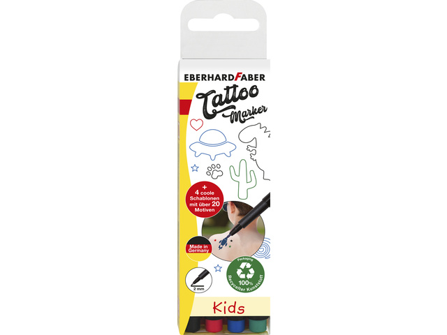Tattoo stift EFA Kids 4st. en 4in1 sjablonen. (zwart, blauw,