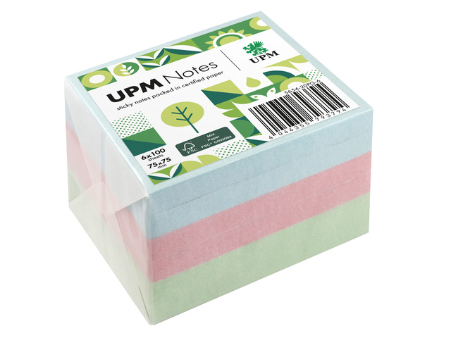 UPM notes 75x75 ass. pastel pak 6x100vel blauw,groen,roze