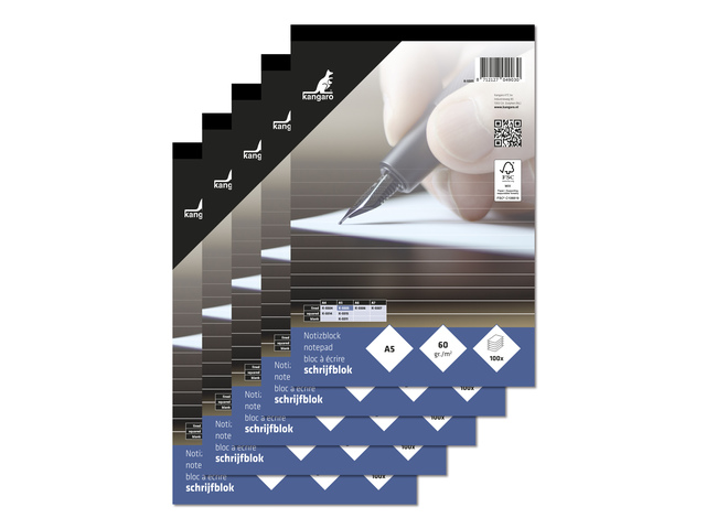 Schrijfblok Kangaro A5 lijn 60grs 100 blad krimp a 5 stuks