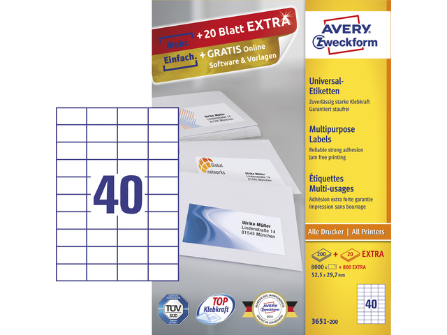 Etiket Avery ILK 52,5x29,7mm wit doos 200 vel 40 et. per ve - AV-3651-200