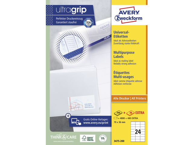Etiket Avery ILK 70x36mm wit doos 200 vel 24 etiketten per