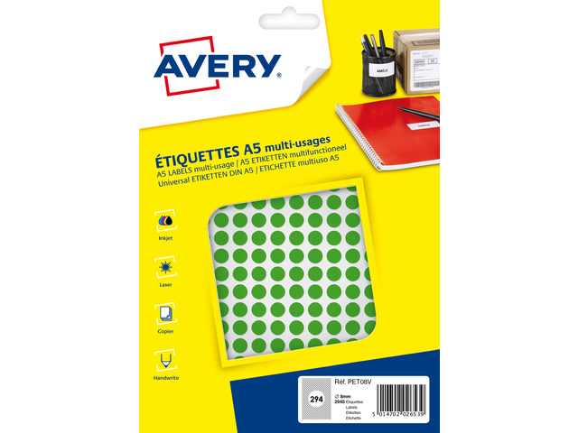 Etiket Avery A5 8mm rond blister 2940st groen