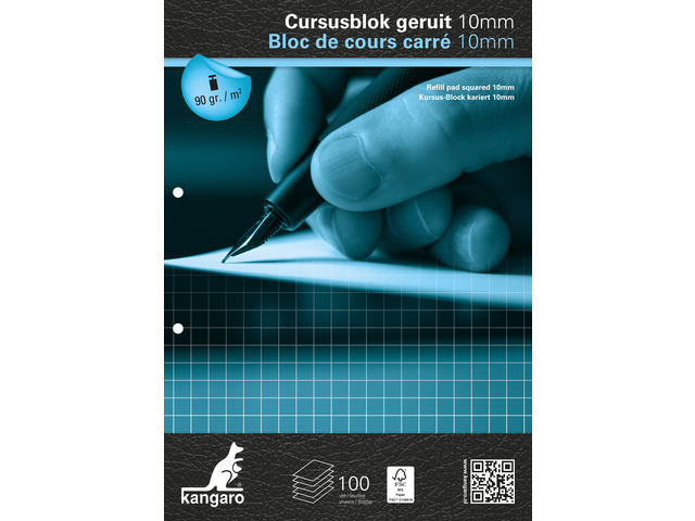 Cursusblok Kangaro A4 ruit 10mm, 90grs 100 vel