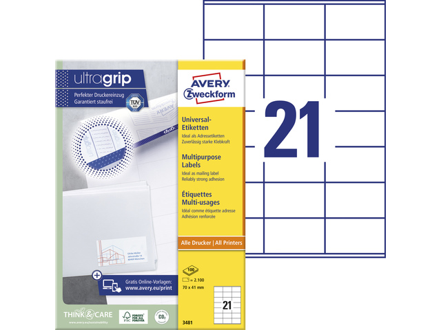 Etiket Avery ILK 70x41mm wit doos 100 vel 21 etiketten per
