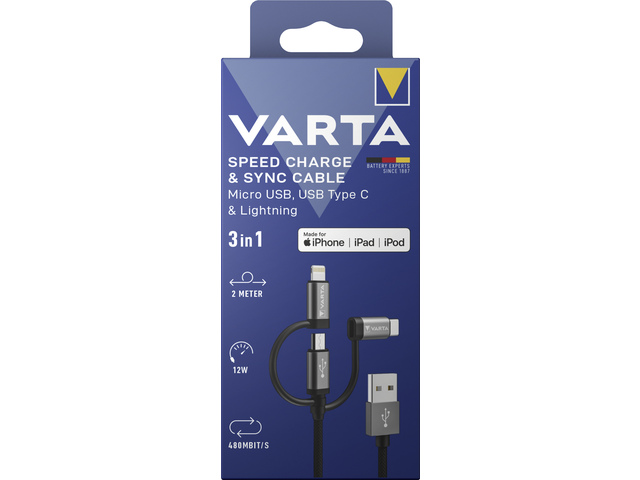 Oplaadkabel Varta 3 in 1 USB A naar USB C, lightning en micro