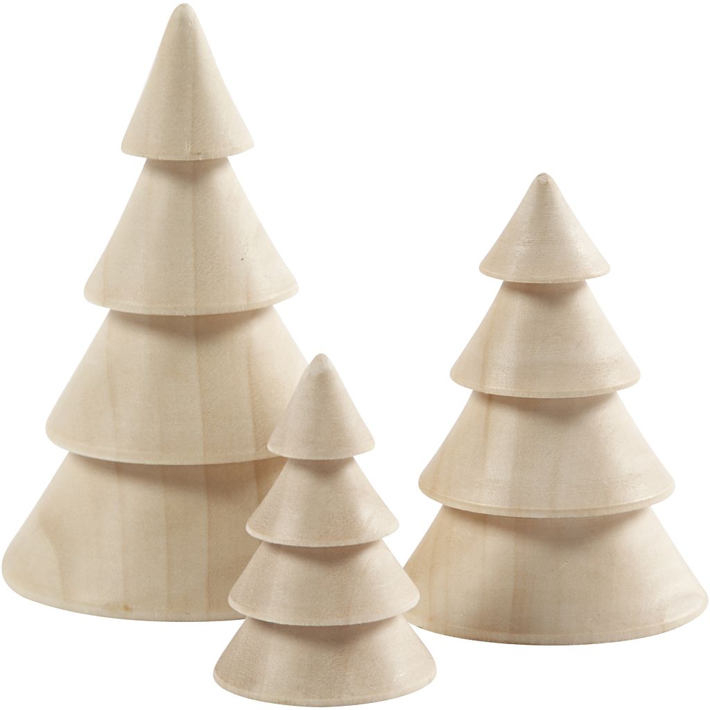 Kerstbomen van hout, H: 5+7,5+10 cm, d 3,5+5,4+6,7 cm, 3 stuk