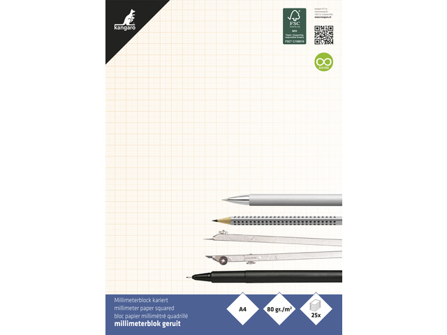Millimeterpapier Kangaro A4 80 grams blok 25 vel
