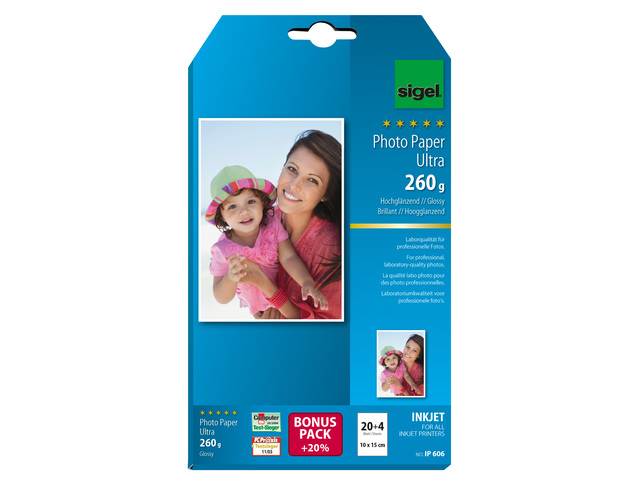 Inkjetfotopapier Sigel 10x15cm Ultra 260grs superwit 24 vel h