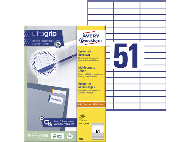 Etiket Avery ILK 70x16,9mm wit doos 100 vel 51 et. per vel