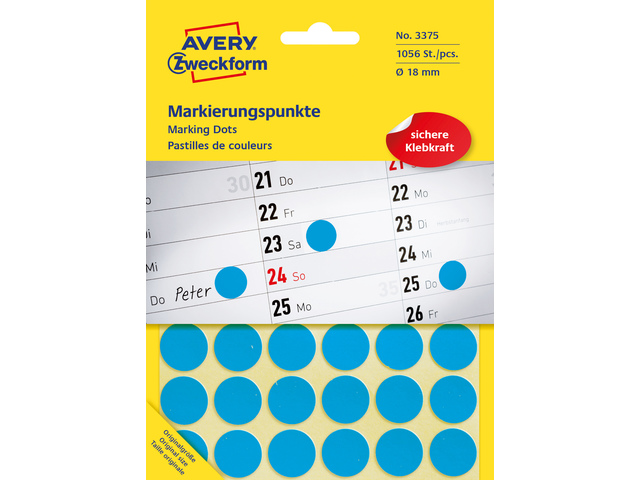 Etiket Zweckform 18mm rond blister 22 vel a 48 et. blauw