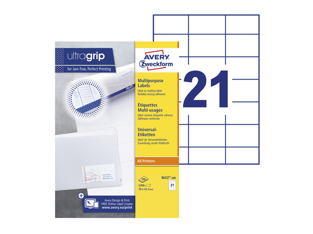 Etiket Avery ILK 70x42,3mm wit doos 200 vel 21 et. per ve