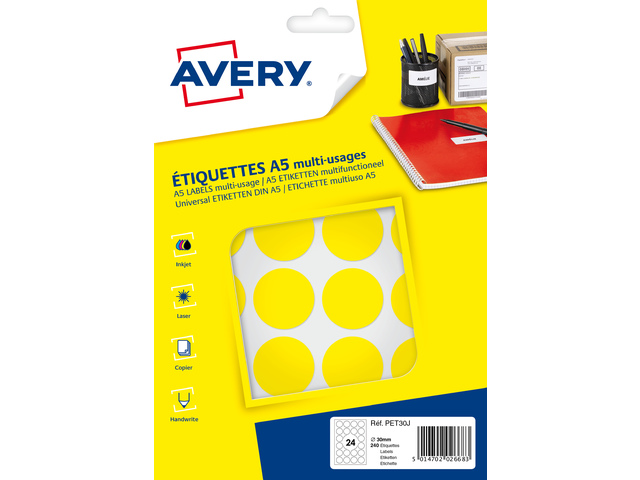 Etiket Avery A5 30mm rond blister 240st geel