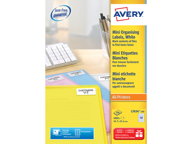 Laseretiket Avery 45,7x25,4mm wit doos 100 vel 40 et. per ve
