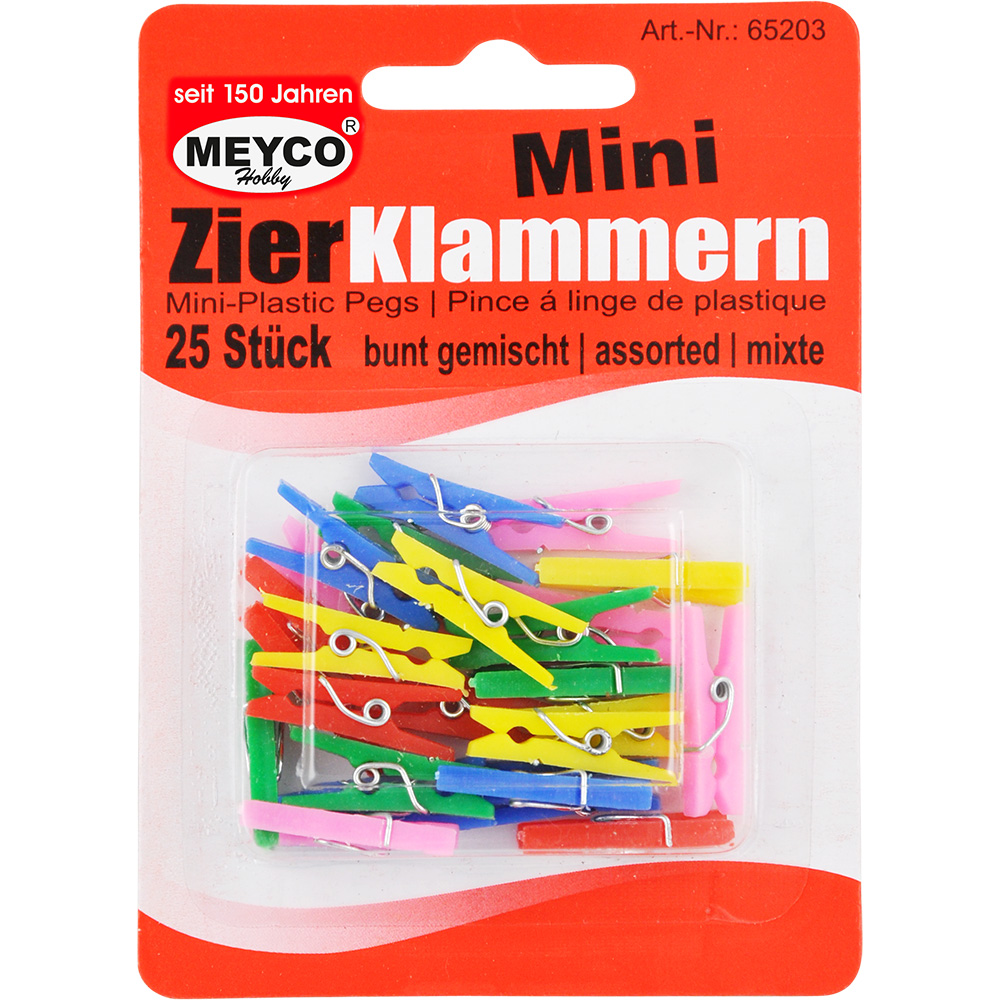Mini decoratieve plastic clipjes, 25 mm, diverse kleuren.