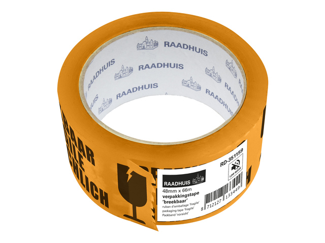 Verpakkingstape Raadhuis PP 48mmx66m oranje met zwart teks